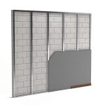 Wall assembly showing braced liner metal stud framing with partially installed gypsum board over a masonry wall.