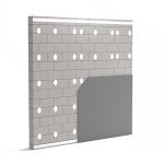 Masonry wall with cavity insulation holes and partially installed gypsum board, illustrating thermal insulation.