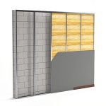 Wall assembly featuring metal stud framing with insulation and partially installed gypsum board over a masonry wall.