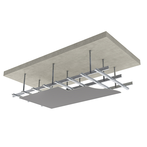 Suspended ceiling system with metal framing and gypsum board,